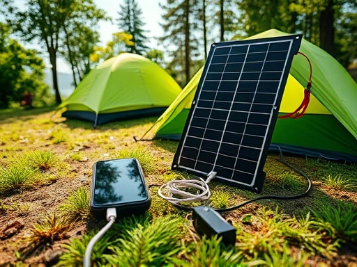 A high-angle shot of a smartphone being charged by a solar panel charger in a sunny, green campsite, with a tent and trees in the background, showcasing outdoor tech and nature.