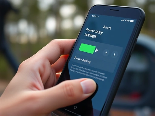Close-up of a hand adjusting smartphone settings to power-saving mode, with battery icon prominently displayed, against a blurry natural camping background, emphasizing efficiency.