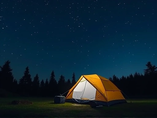 A peaceful campground scene at night with a subtly glowing tent under a starry sky, symbolizing quiet sleep despite potential disturbances like snoring, incorporating elements of relaxation and nature.