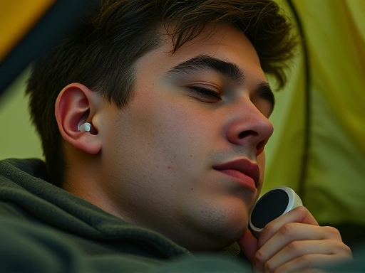 Close-up of a person inside a tent, wearing earplugs and using a small white noise device, looking relaxed and focused on sleeping, emphasizing sound blocking and personal comfort.