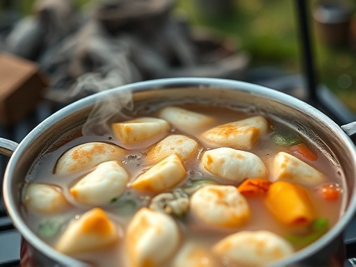 Close-up shot of a bubbling soup pot on a camping stove, with steam rising, showcasing the delicious ingredients like fish cakes, vegetables, or noodles, creating a comforting camping atmosphere.