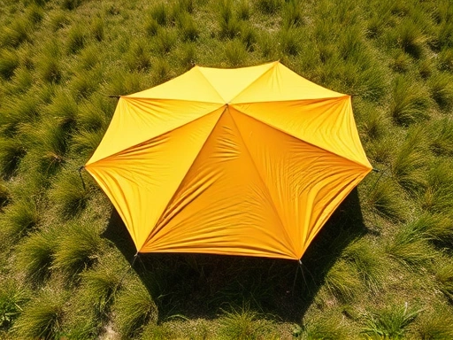 A high-angle shot of a hexagonal camping tarp perfectly pitched in a windy, sunny meadow, showcasing its stability and shade.
