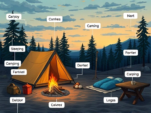 A detailed illustration of a cozy campsite at dusk, with various camping gear like a tent, campfire, sleeping bags, and a table, highlighting common camping terms.