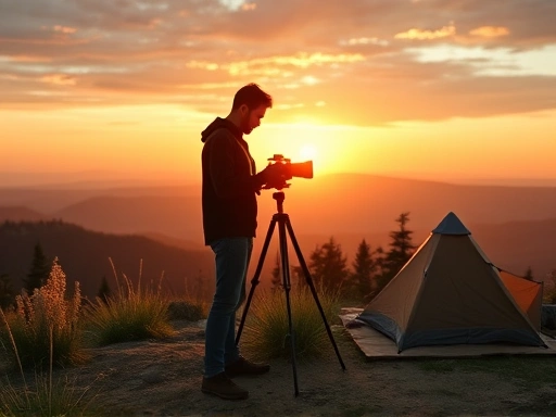 A person setting up a camera and tripod in a beautiful natural camping site at sunset, capturing the scenic landscape for a vlog.