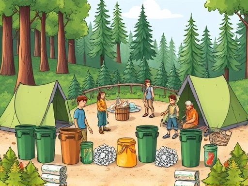 A detailed illustration of a campsite with various waste bins, campers responsibly sorting trash, surrounded by lush nature and clean tents, emphasizing environmental care and responsible camping waste disposal methods.