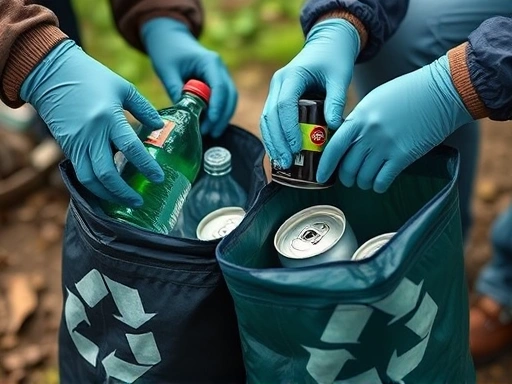 A close-up shot of hands wearing gloves, carefully separating plastic bottles and aluminum cans into designated recycling bags at a campsite, highlighting proper waste separation and environmental responsibility.