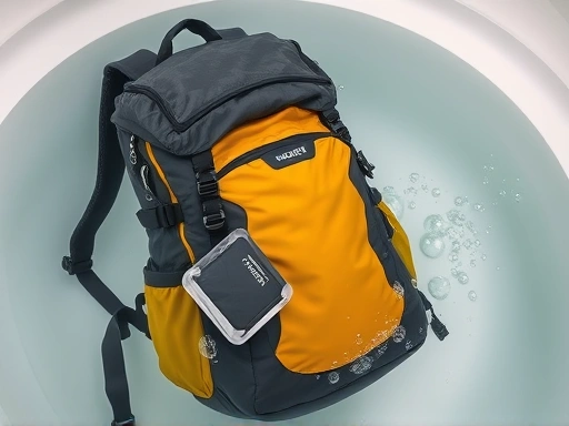 A camping backpack fully submerged in a clear bathtub filled with water, testing its waterproof capabilities, with air bubbles escaping from the sealed bag. Focus on outdoor gear, durability, waterproof.