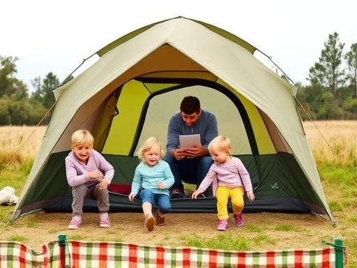 A family with two children setting up a tent at a safe, flat campsite, with parents actively supervising the kids who are playing nearby.