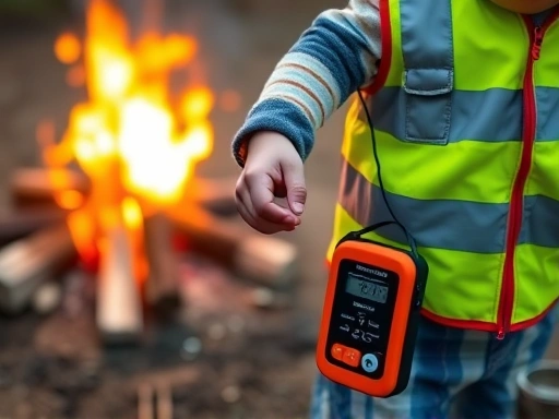 Close-up of a child wearing a bright safety vest holding an adult's hand near a campfire, with a portable carbon monoxide detector visible in the foreground.
