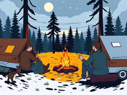 A peaceful campsite scene with subtle tension, showing campers maintaining distance and looking towards a distant campfire, emphasizing peaceful coexistence and minor disagreements.