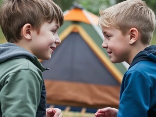 A close-up shot of two campers exchanging words politely but firmly, with a tent in the blurred background, focusing on respectful communication to resolve a conflict.