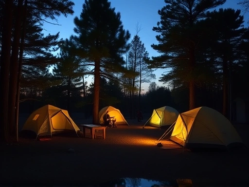 A peaceful campsite at dusk with tents dimly lit, surrounded by trees, and a few people quietly enjoying the serenity. The scene emphasizes quiet camping etiquette and harmony with nature, with soft light and a calm atmosphere.