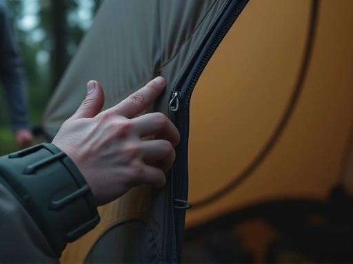 A close-up shot of a camper gently closing a tent zipper, highlighting quiet and thoughtful actions in a camping environment, with soft ambient light and a focus on minimizing noise.