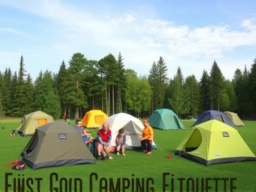 A harmonious campsite scene with diverse campers respecting nature and each other, showing clean tents and lush greenery under a clear sky, highlighting good camping etiquette.