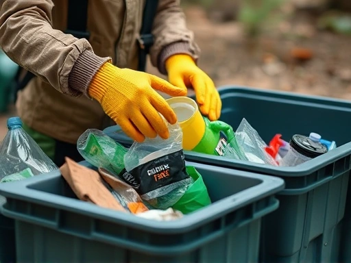 Close-up of a camper carefully sorting trash into designated bins, emphasizing responsible waste management and leaving no trace, with hands wearing gloves and neatly organized garbage.