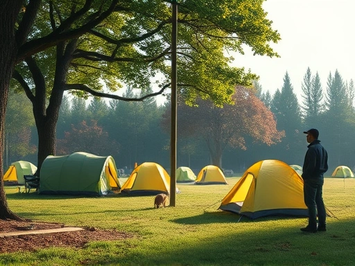 A peaceful campsite scene with various tents under trees, and a subtly depicted figure observing from a safe distance, emphasizing campsite safety and awareness.