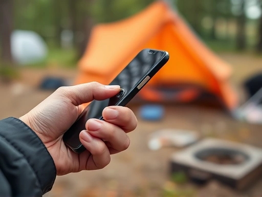 Close-up of a person's hand holding a mobile phone, with a blurred campsite background, showing the act of calling for help or recording a situation for safety at a campsite.
