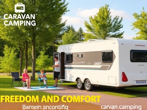 A modern caravan parked at a scenic campsite with a family enjoying outdoor activities, surrounded by lush green trees and a clear sky, illustrating freedom and comfort of caravan camping.
