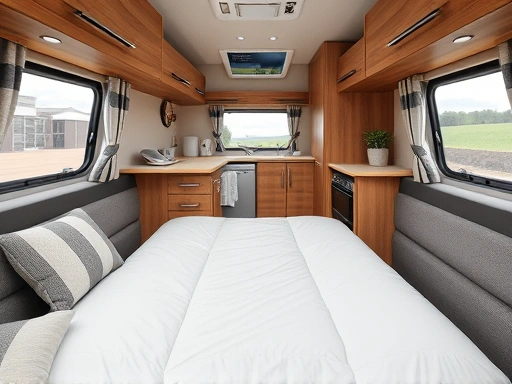 Close-up view of a detailed caravan interior, showing a cozy bed, a small kitchen area with modern appliances, and storage solutions, highlighting the convenience and comfort of caravan living.