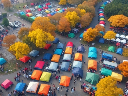An aerial view of a bustling, colorful camping site during the Chuseok holiday, with tents, people, and autumn trees, showcasing a festive but crowded atmosphere.