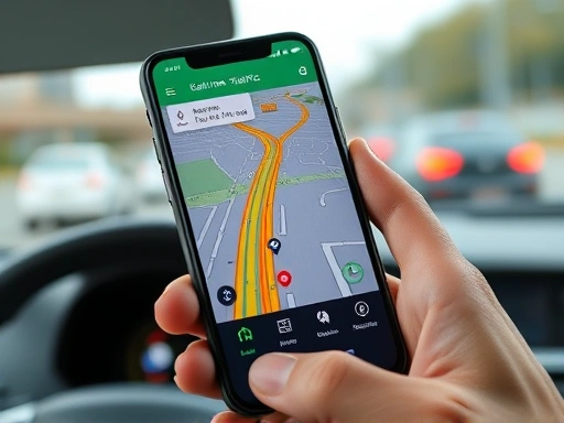 A close-up shot of a smartphone screen displaying a real-time traffic map with green, yellow, and red lines, and a hand holding it against a blurred background of a car interior or highway.