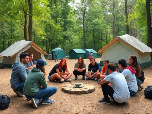 A vibrant group of college students engaged in team-building activities at a large, well-equipped camping site surrounded by lush nature, showcasing an ideal environment for a college MT.