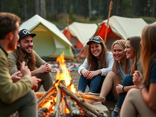 Close-up of a group of college students gathered around a campfire, laughing and sharing stories, with tents and nature in the blurred background, emphasizing warmth and camaraderie at an MT camping trip.