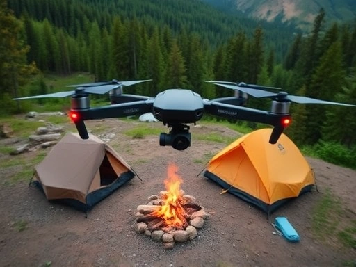 An aerial drone captures a serene camping scene with tents and a campfire, surrounded by lush green forests and mountains, emphasizing safe drone operation and rules.