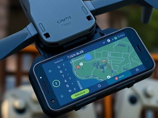 Close-up of a drone remote controller with a smartphone attached, displaying flight rules and a map of a camping area, highlighting pre-flight checks and regulations.