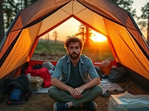 A novice camper looking bewildered amidst a messy tent setup in a scenic outdoor camping site, with scattered gear and a setting sun. The scene highlights common first-time struggles.