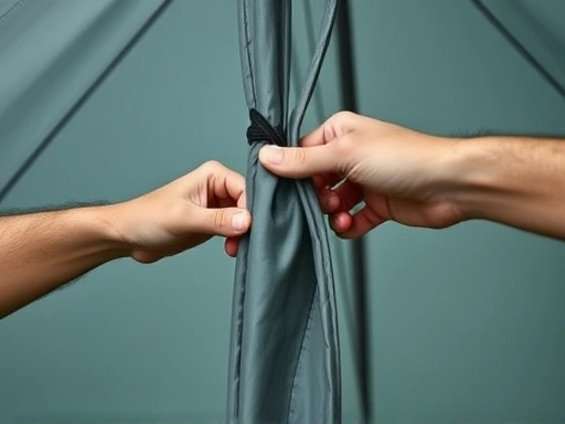 A close-up shot of a pair of hands struggling to insert a tent pole into its sleeve, showing frustration and the detailed texture of the tent fabric and pole. Focus on the difficulty of tent setup.