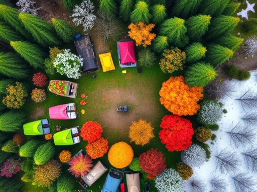 An aerial view of a vibrant campsite nestled in a forest, with distinct sections showing spring blossoms, lush summer greenery, fiery autumn leaves, and serene winter snow, representing the beauty of four-season camping.