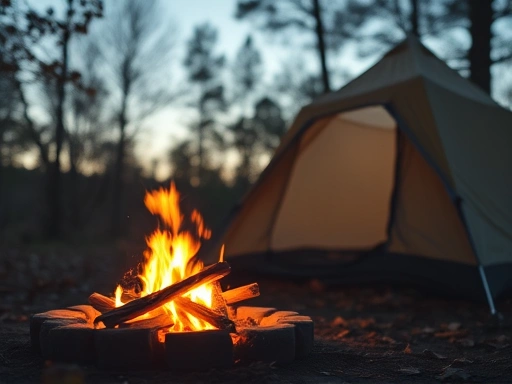 A close-up shot of a cozy camping scene at dusk, featuring a warm campfire glowing against a backdrop of autumn leaves and a sturdy tent, emphasizing the comfort and allure of seasonal camping.