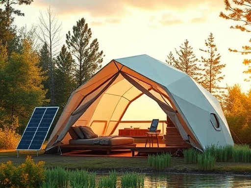 A futuristic camping scene with a sleek, minimalist tent, powered by portable solar panels, surrounded by lush, vibrant nature, with a person using a smart device to control the camp environment.