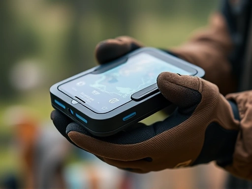 Close-up of a futuristic smart camping gadget, possibly a foldable device with a holographic interface, displaying real-time environmental data or a digital map, held by a hand in a modern camping glove.