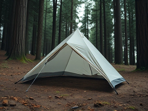 A close-up shot of a small, lightweight tent being pitched in a secluded forest clearing, emphasizing minimalism and deep nature.