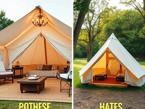 A side-by-side comparison of a luxurious glamping tent setup with comfortable amenities and a traditional camping tent in a natural outdoor setting, highlighting the contrast in convenience and setup.