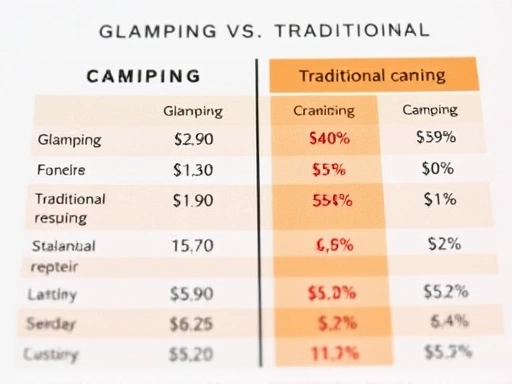 Close-up of a detailed cost breakdown chart comparing glamping and traditional camping, with financial figures and percentages clearly visible, illustrating cost-effectiveness factors.