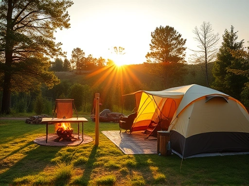 A wide shot of a serene, fully equipped campsite during golden hour, surrounded by lush nature, hinting at successful Golden Week camping.