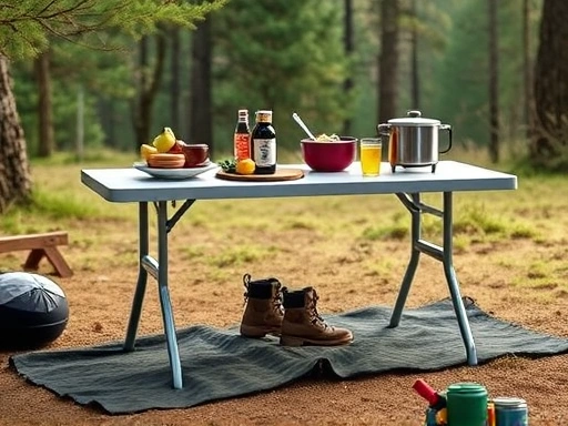 A versatile camping table with various height adjustments in a serene outdoor setting, showcasing different uses like dining and cooking, with modern camping gear. Focus on adaptability.
