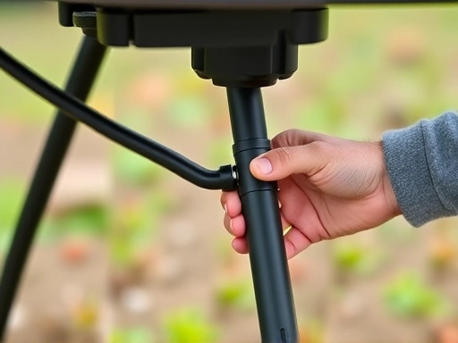 Close-up of a height-adjustable camping table mechanism, showing the leg extension and locking system, with a hand demonstrating the adjustment. Emphasize durability and ease of use.