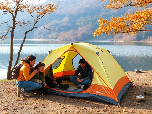 A diverse group of happy foreign tourists setting up a tent at a picturesque Korean campsite by a serene lake, surrounded by autumn foliage, showcasing joy and exploration.