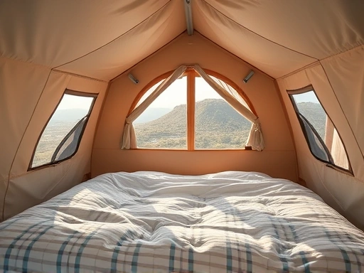 Close-up shot of a modern glamping tent interior in Korea, showing comfortable bedding, minimalistic design, and a scenic window view, highlighting luxury and nature.