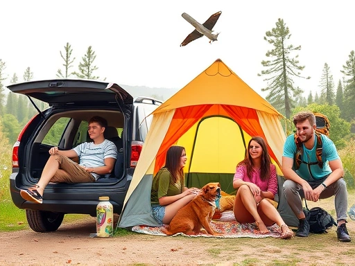 A diverse group of trendy young adults enjoying different camping styles: one in a car, another in a beautifully decorated tent, a third backpacking, and a couple with their dog, all surrounded by lush nature.