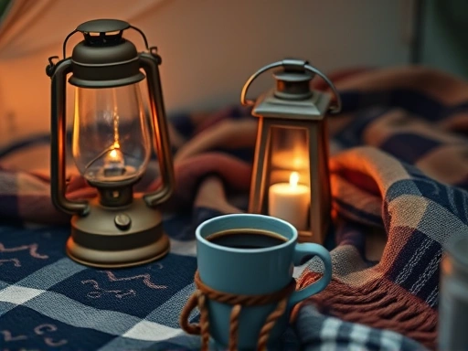 Close-up on a stylish camping setup with a vintage lantern, cozy blanket, and a cup of coffee, showcasing the aesthetic details of modern 