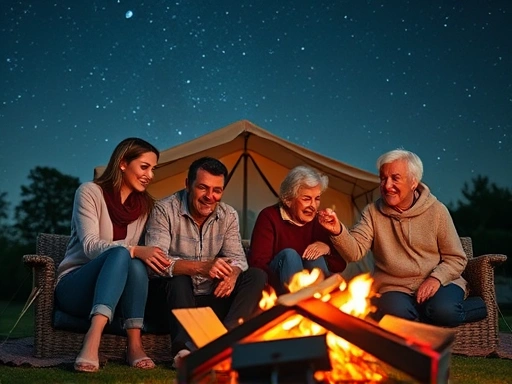 A harmonious family consisting of adult children and their elderly parents enjoying a comfortable glamping experience under a starry sky, with a warm campfire in the foreground, suitable for Parents' Day camping guide.