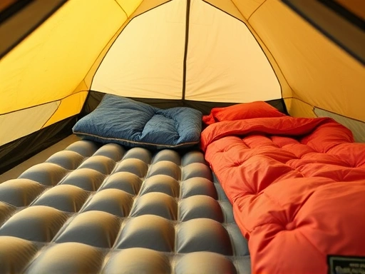 Close-up of comfortable camping gear like an air mattress and soft sleeping bags inside a spacious tent, emphasizing relaxation and preparation for a senior-friendly camping trip.