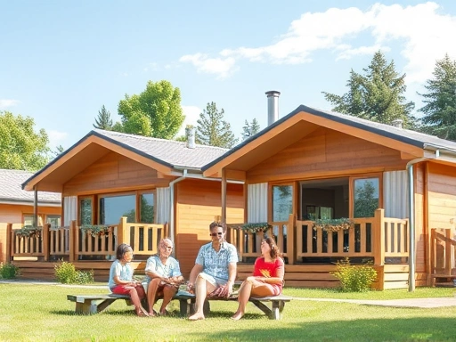 A vibrant family enjoying a vacation at a modern complex facility that combines a cozy pension and a spacious camping site, with lush greenery and a clear sky, showing both lodging types.