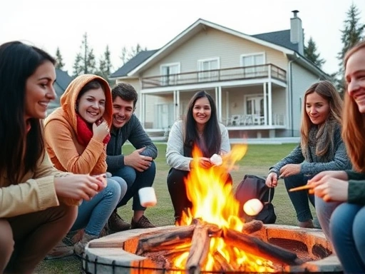 A close-up of a diverse group (friends, family) grilling marshmallows around a campfire at a modern pension and camping complex, with a comfortable pension building in the background.