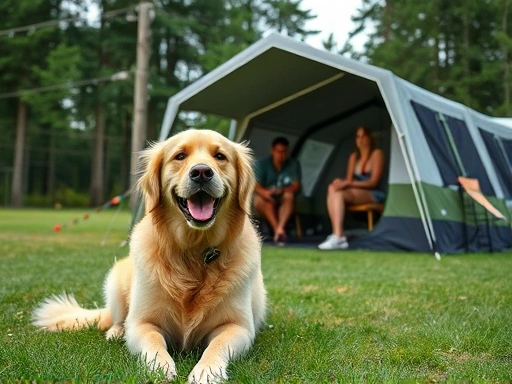 A happy golden retriever enjoying a spacious, fenced campsite with its owners, a modern tent in the background, showing excellent pet facilities and a beautiful natural setting.